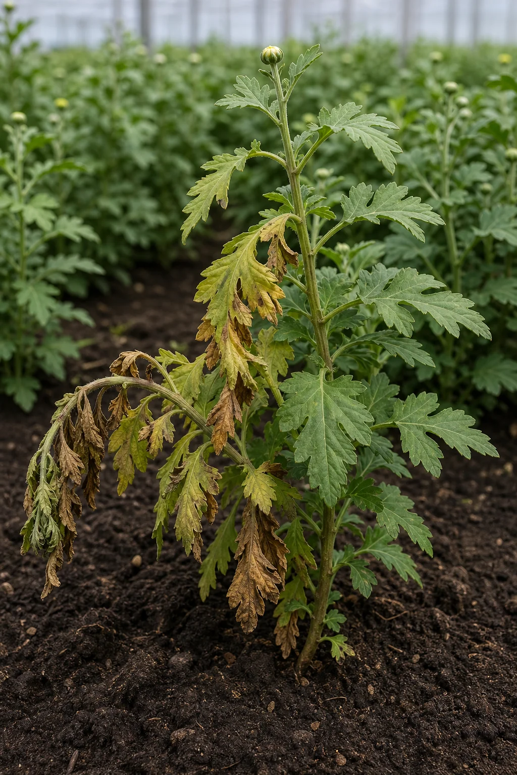 Fusarium verwelkingsziekte - Chrysant, oefenbeeld uit de AgriLearn-beeldenbank