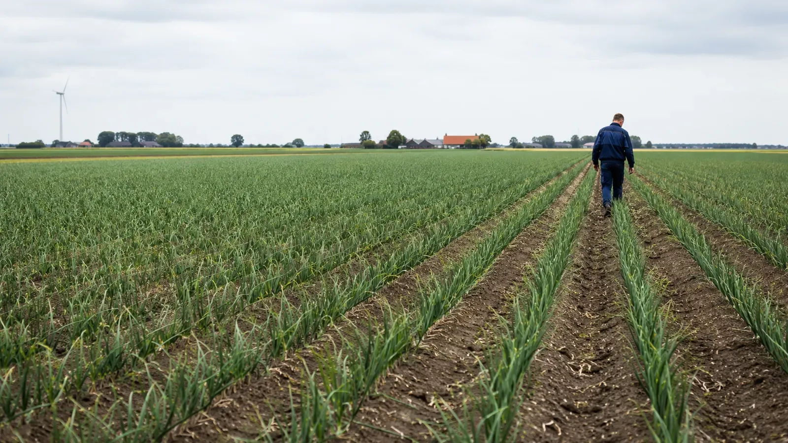 Akkerbouwer in een uienperceel